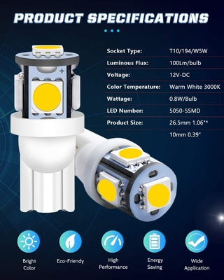 194 Automobil-LED-Glühlampen 6500K zwängen T10 SMD 5050 abbricht
